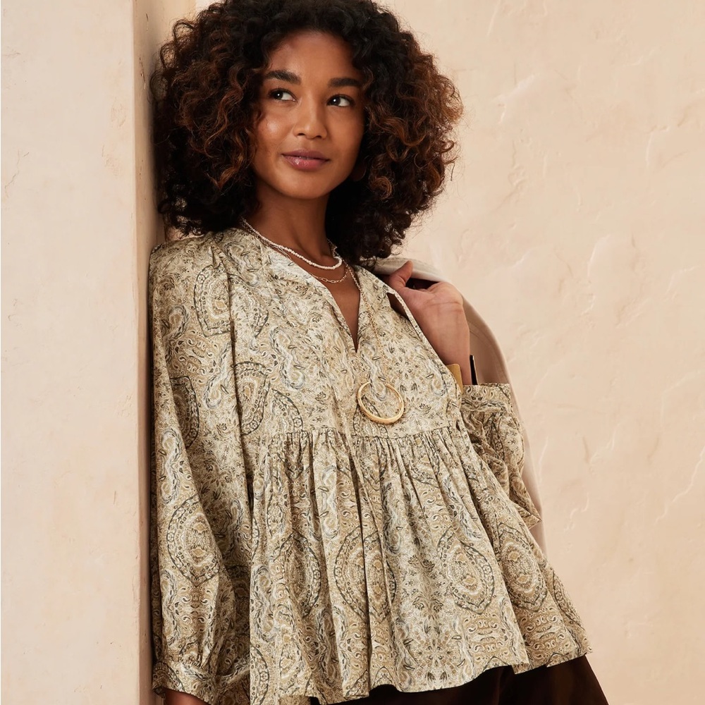Banana Republic NWT womens cotton oatmilk peasant boho puff sleeve blouse large